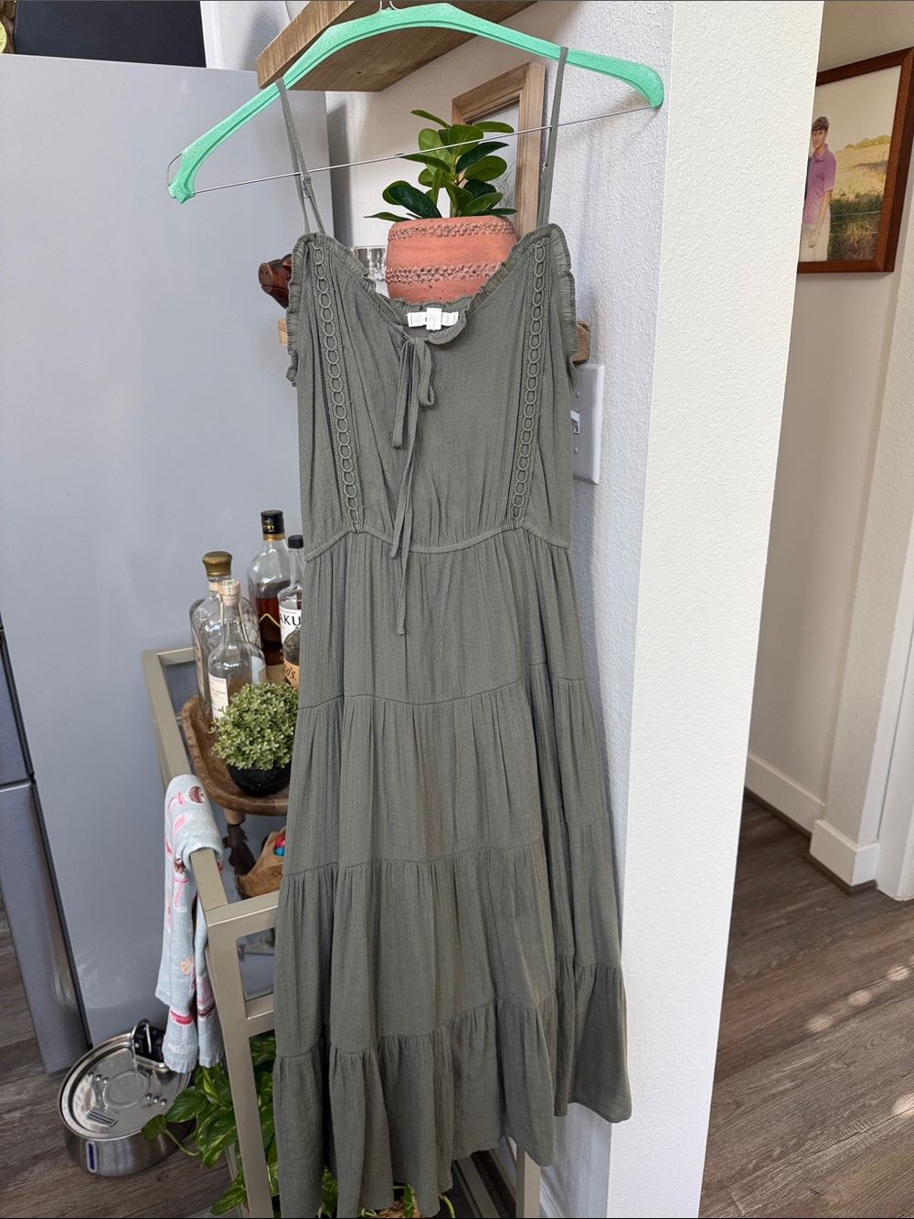 mine Olive Green Tiered Maxi Dress with Lace Trim